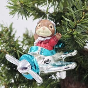 Vintage Hallmark "Son" Christmas 1992 Chipmunk in Metallic Airplane Ornament